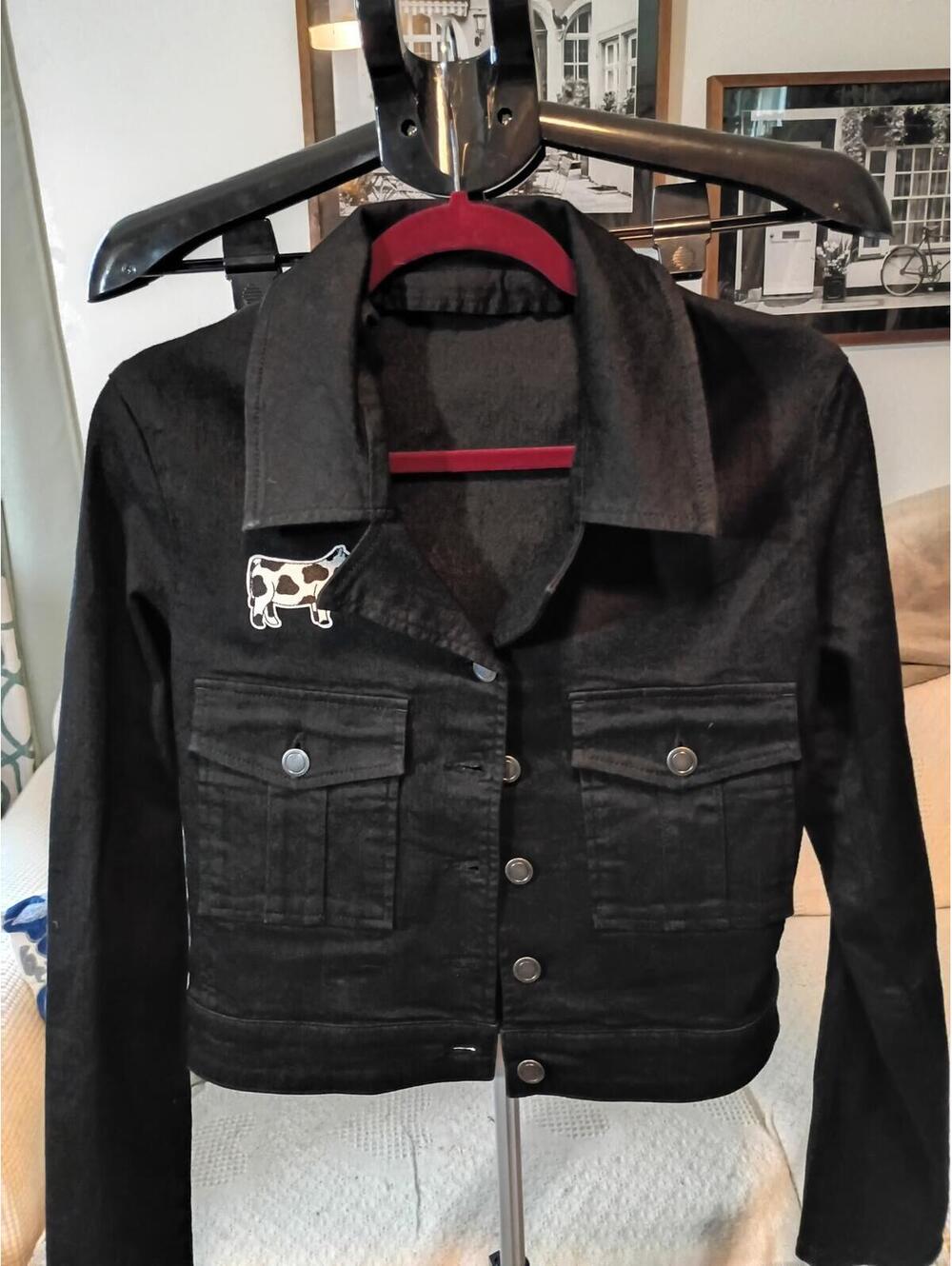 Black Cropped Denim Western Jacket with Cowgirl and Cow Print Patches